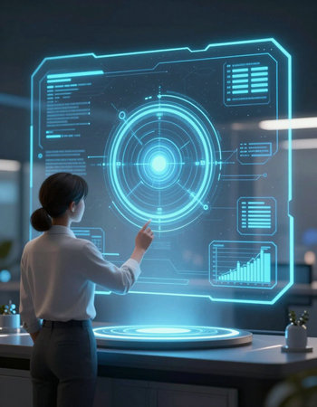 Businesswoman working with futuristic hologram in office. 3D renderingの写真素材