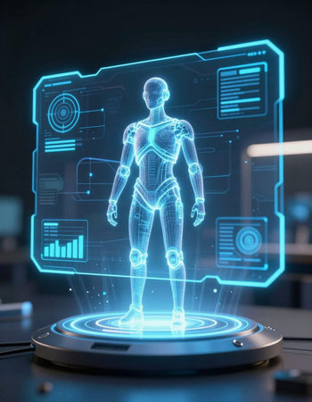 3d rendering of robot hologram with human body on dark background