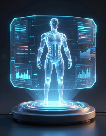 humanoid robot hologram on blue background, artificial intelligence concept 3D rendering