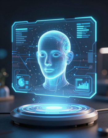 Creative artificial intelligence hologram on blue background. AI and machine learning concept. 3D...