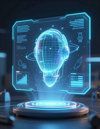 Glowing hologram of robot head on dark background