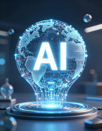 Glowing artificial Intelligence hologram on dark background. 3D Rendering