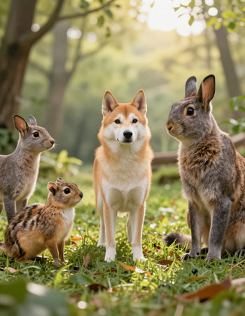 Cute Japanese dog and hare family in the nature background.