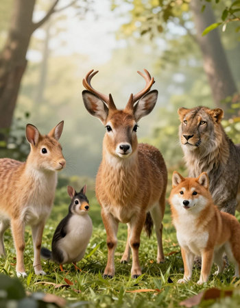 group of fawns standing in a forest
