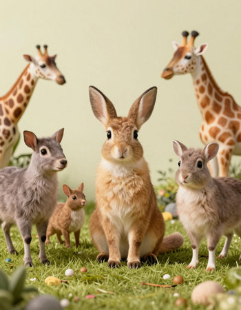 Easter decoration with group of rabbits, eggs, bunny