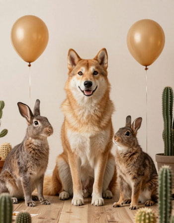 Cute Akita Inu and hares in the room with balloons