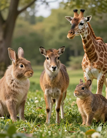 A group of young animals and their mother in the park