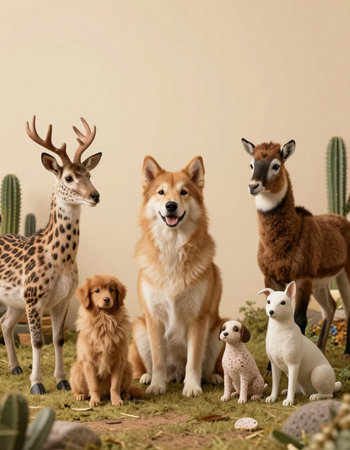 Cute little dogs and animals in a decorative room at home.