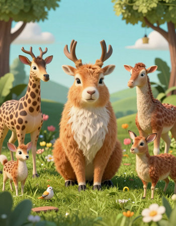 3d rendering of family of deer and baby animals in the park