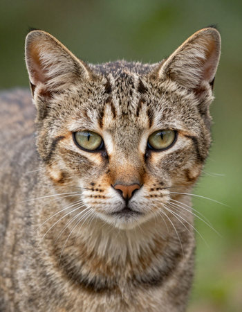 Close up portrait of a wild cat looking at camera with green background