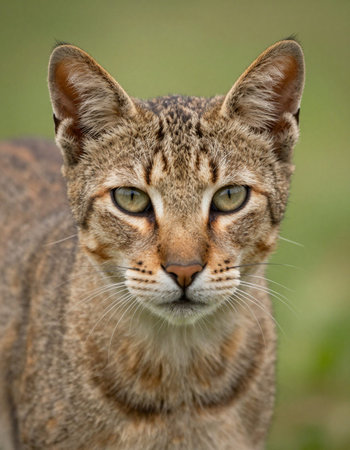 Closeup portrait of a wild cat with green eyes looking at camera