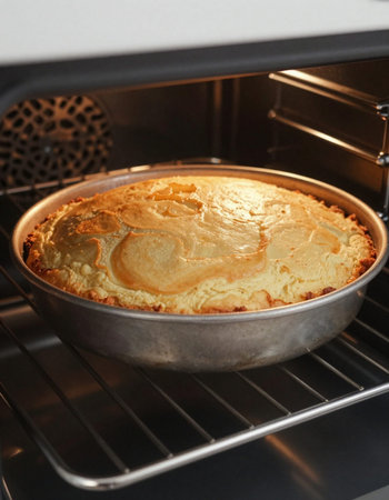 Freshly baked apple pie in a metal baking dish on the oven
