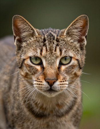 Close-up portrait of a wild cat with green eyes looking at the camera