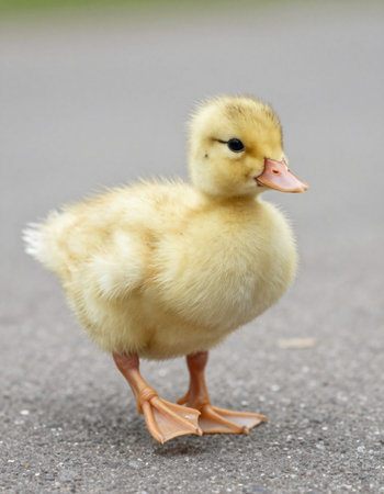 Cute little duckling standing on the asphalt. Selective focus.