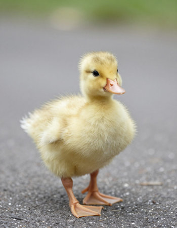 Cute little duckling walking on the asphalt in summer day.