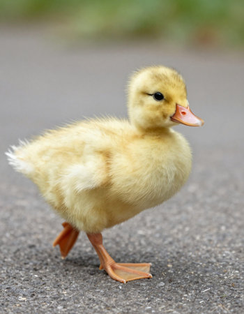 Little yellow duckling walking on the road in the park, closeup