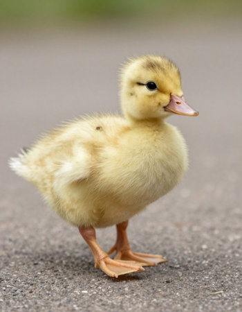 Yellow duckling standing on the asphalt. Close-up photo.