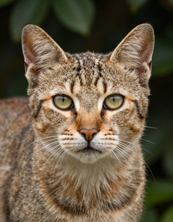 Portrait of a wild cat with green eyes in the nature.
