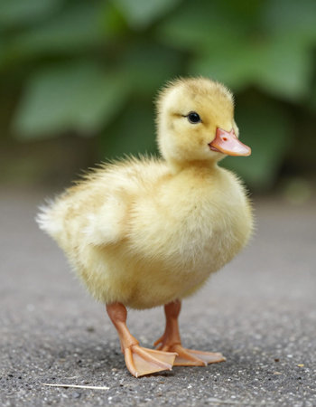 Cute duckling standing on the ground with green leaves in background