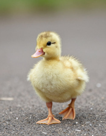 Little yellow duckling standing on the asphalt and looking at the camera