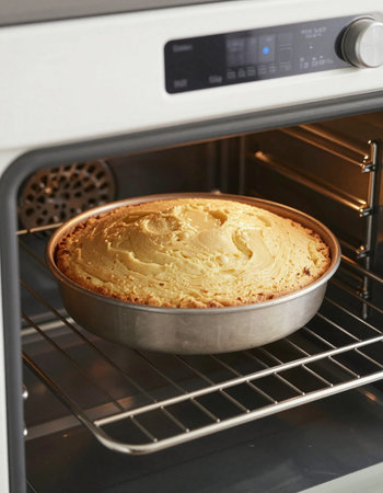 Freshly baked apple pie in a metal baking dish in the oven