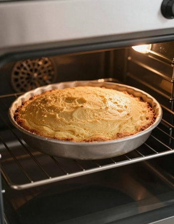 Homemade apple pie in a baking dish in the oven closeup