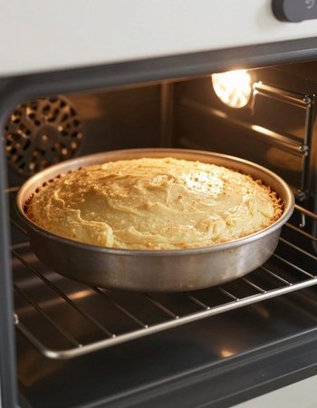 Close-up of a baking dish with homemade cake in the oven