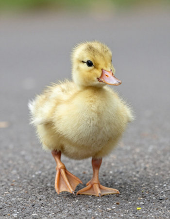 Cute little yellow duckling standing on the road in summer.