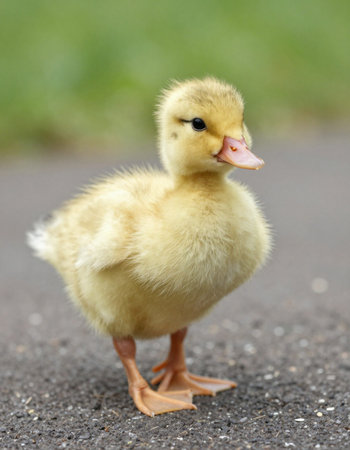 Cute little duckling standing on the road and looking at camera
