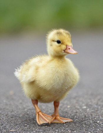 Little yellow duckling standing on the asphalt and looking at the camera