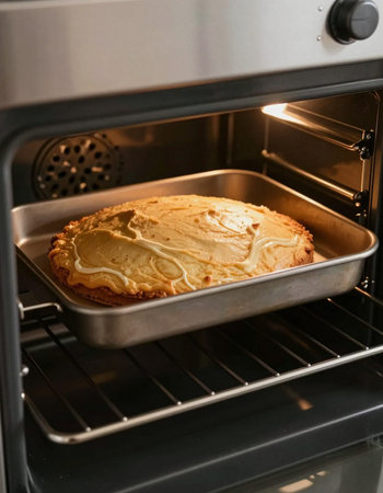 Butter cake in the oven. Freshly baked homemade cake.