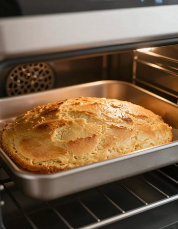 Baked apple pie in a baking dish in a modern kitchen.