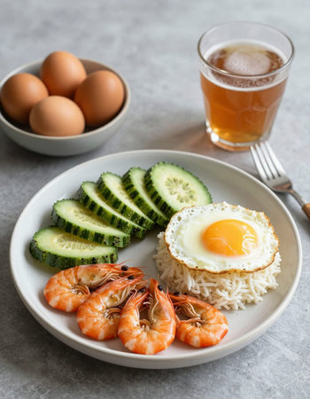 Shrimps with rice, egg and cucumber on white plateの写真素材