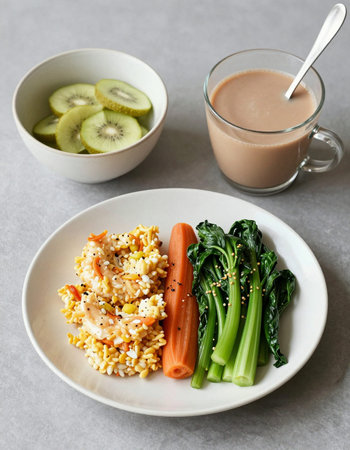 Healthy breakfast with fried rice, kiwi and vegetables.の写真素材