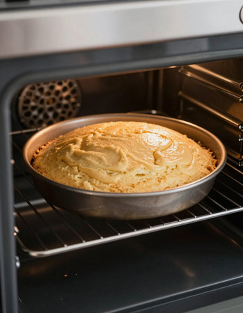 Freshly baked homemade pie in the oven. Selective focus.