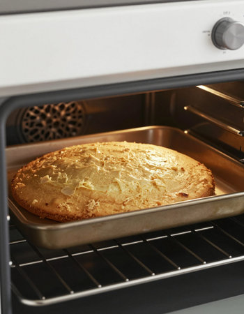 Freshly baked apple pie in electric oven, close-up view