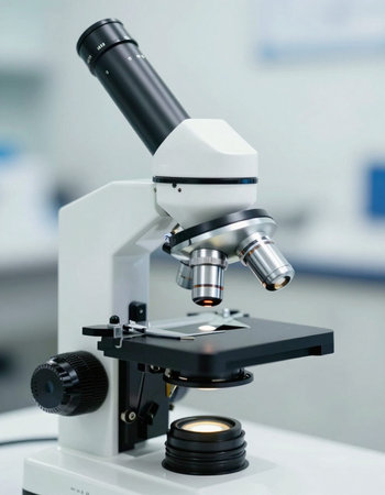 Microscope in a laboratory, shallow depth of field, focus on the lensの写真素材