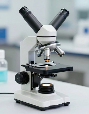 Microscope in the laboratory, science research and development concept, close up