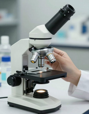 Close-up of a female researcher using a microscope in a laboratory