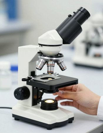 Scientist working with microscope in laboratory, closeup. Science and technology concept