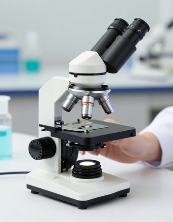 Scientist using microscope in laboratory, closeup. Medical research and development