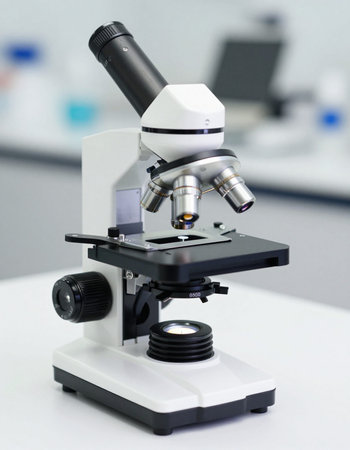 Close up of microscope in laboratory, science research and development concept.