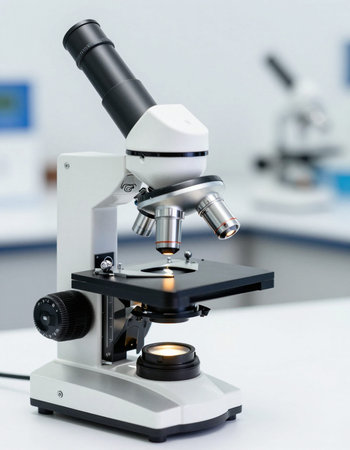 Microscope on table in laboratory. Scientific research and development concept.
