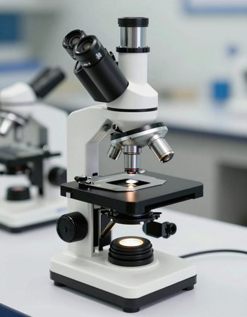 Microscope in the laboratory. Microscope in the scientific laboratory.