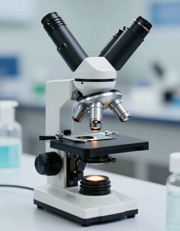 Microscope in laboratory. Scientific research and development of medicine concept.