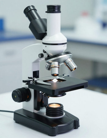 Close up of microscope in laboratory, science research and development concept.