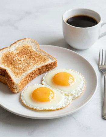 Breakfast with fried eggs, coffee and toast on white background.