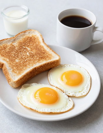 Breakfast with fried eggs and coffee on a light background, top view