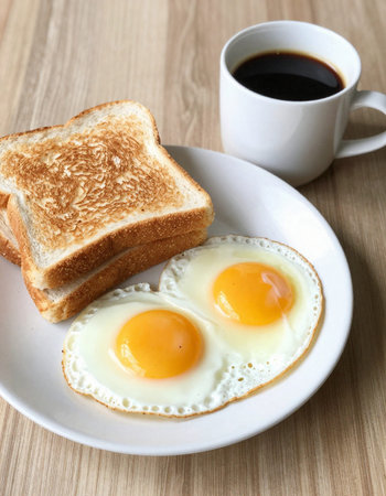 Breakfast with fried eggs, coffee and toast on a wooden table