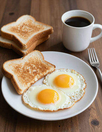 Breakfast with fried eggs, coffee and toast on wooden table.